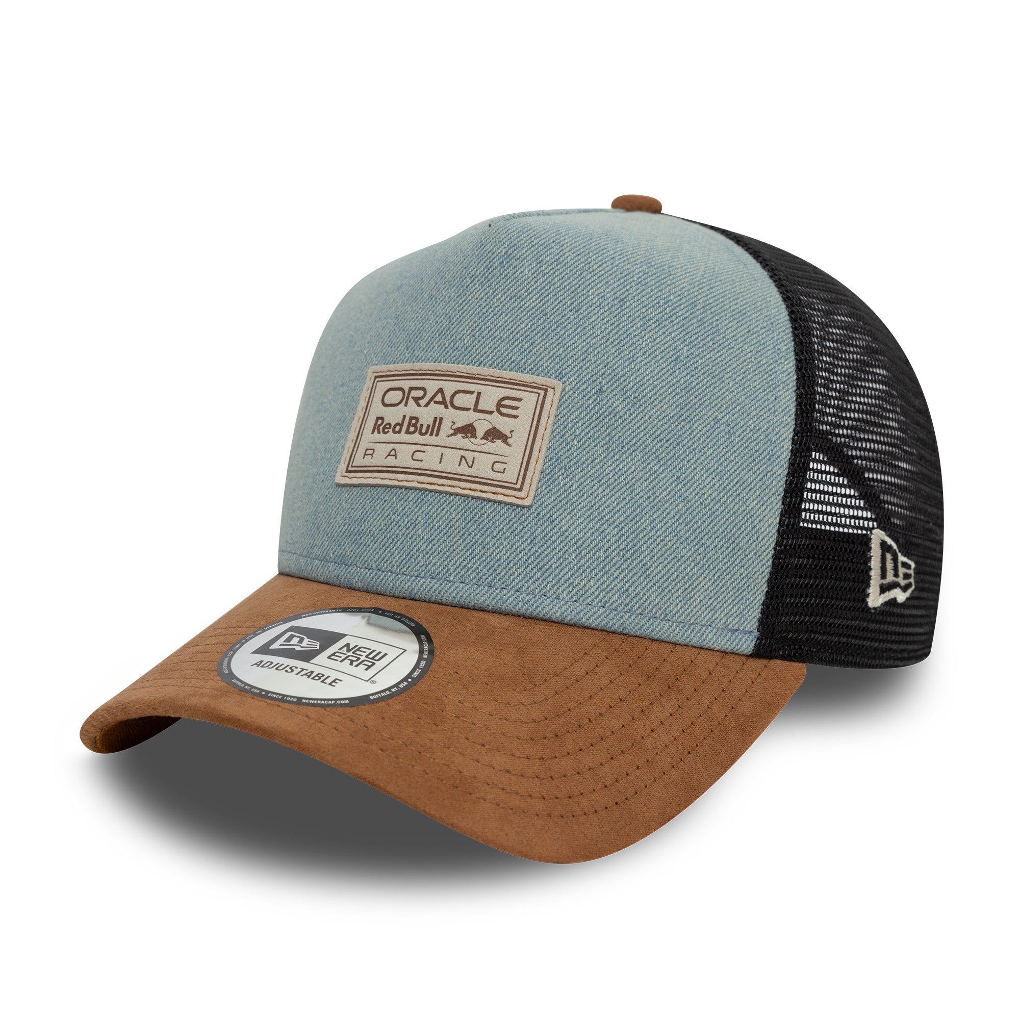 Red Bull Racing F1 Austin Trucker Cap Adults - Blue Denim/Brown Suede